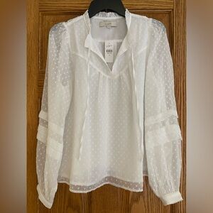LOFT LONG SLEEVE WHITE LINED TEXTURED BLOUSE TOP SIZE SMALL NWT